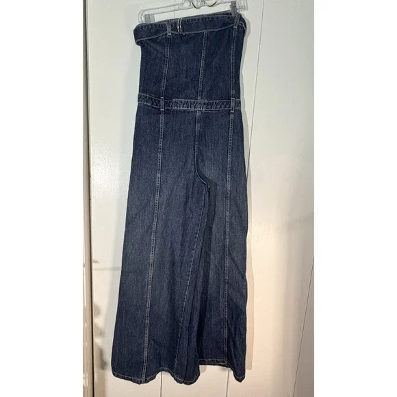 ZARA Women's L Denim Jumpsuit Wide Leg Flare Denim Strapless Buckle Detail - Picture 2 of 9